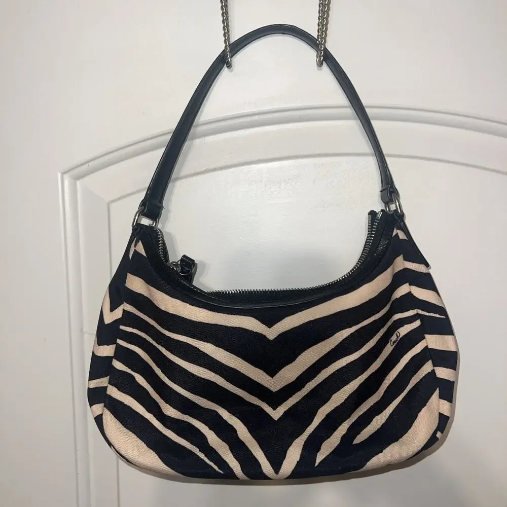 Coach Signature Zebra Stripe Black & Tan Canvas Shoulder Purse